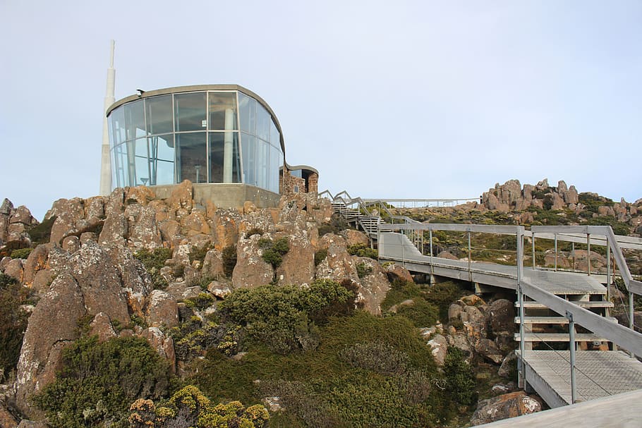 gray, steel pathway, surrounded, brown, rocks, mount wellington, tasmania, hobart, architecture, built structure