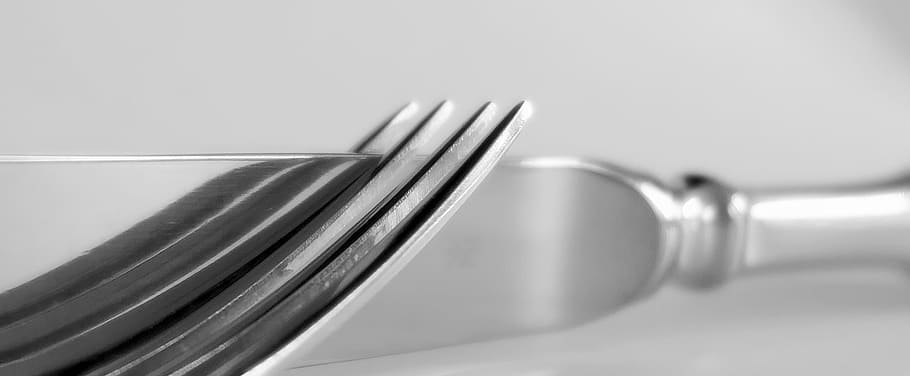 cuchillo, tenedor, cubiertos, metal, diente, brillo, blanco y negro, utensilio de cocina, plata - metal, color plateado