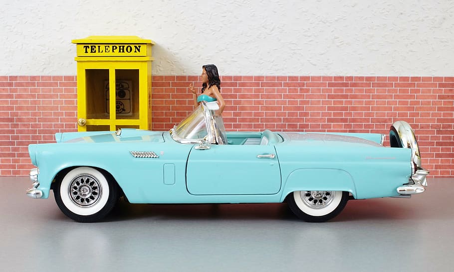 model car, ford, ford thunderbird, auto, old, toy car, usa, america, model, diorama