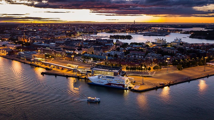 helsinki, port, katajanokka, evening, city, ship, viking line, sea, boat, sunset