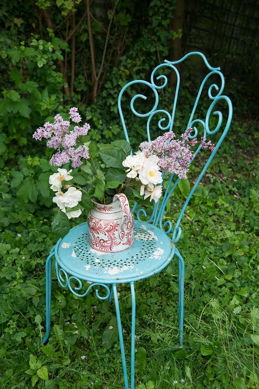 garden, flowers, romantic garden, flower, flowering plant, plant, chair, seat, nature, freshness