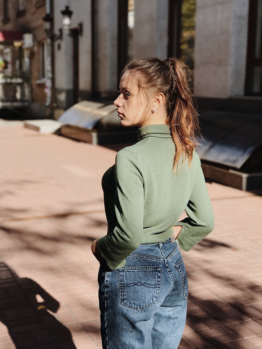 woman, green, shirt, blue, jeans, standing, building, girl, photographer, autumn