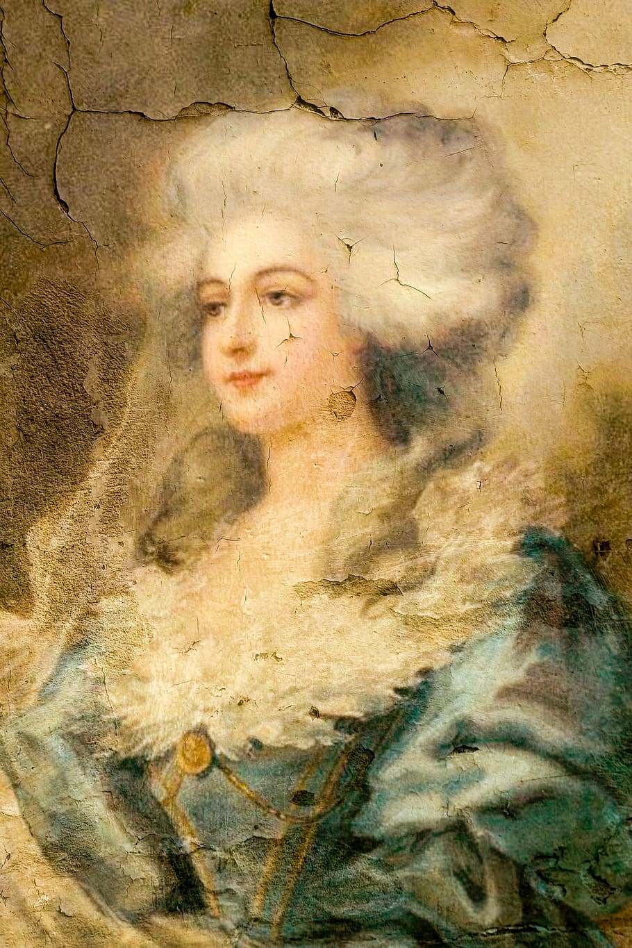 woman, wearing, blue, british dress wall painting, cracks, Portrait, Vintage, Shabby Chic, Rococo, biedermeier