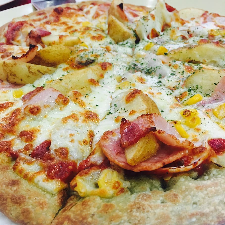 pizza, bacon potato, bacon, potato, flour, cheese, food, eat, delicious, food and drink