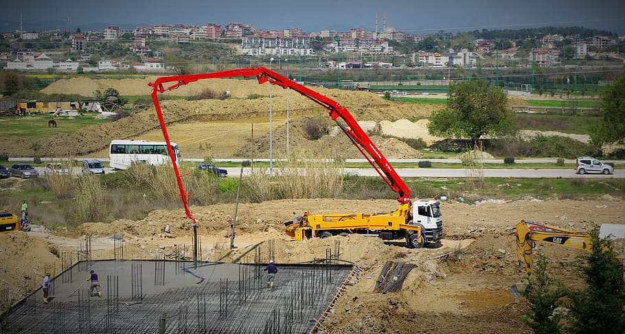 red, yellow, mobile, crane, field, concrete, bottom plate, bulk materials, concrete plant, commodity