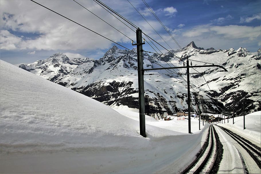 estrada, coberto, neve, montanha dos cumes, zermatt, inverno, montanhas, faixas, gelo, viagem