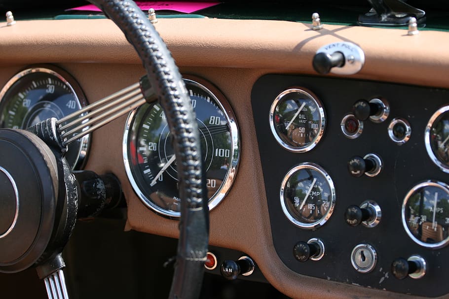 car, dashboard, interior, steering wheel, gauges, automotive, automobile, classic, retro, vintage