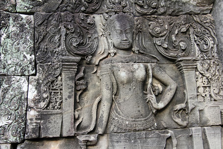 hindu god carvings, bayon temple, temple, travel, antique, old, movie, beautiful, angkor wat, siem reap