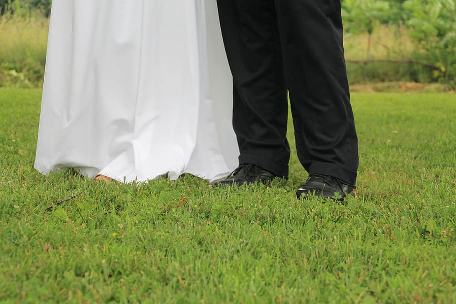 two, person, wearing, dress, pants, green, grass, wedding, feet, shoes
