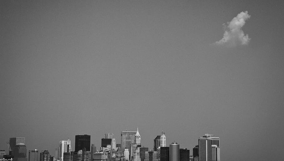 без названия, Здания, оттенки серого, фотография, Нью-Йорк, город, линия горизонта, архитектура, небо, башни