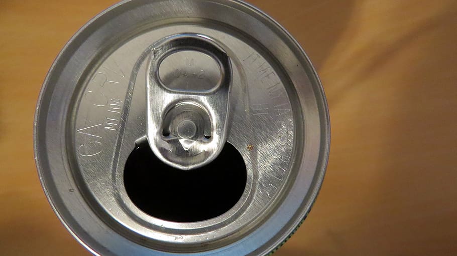 opened soda can, can, aluminum, top, opened, container, tin, drink, beverage, shiny