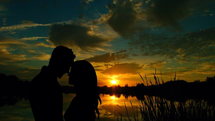 silhouette photography, man, woman, body, water, silhouette, man and woman, golden hour, lovers, pair