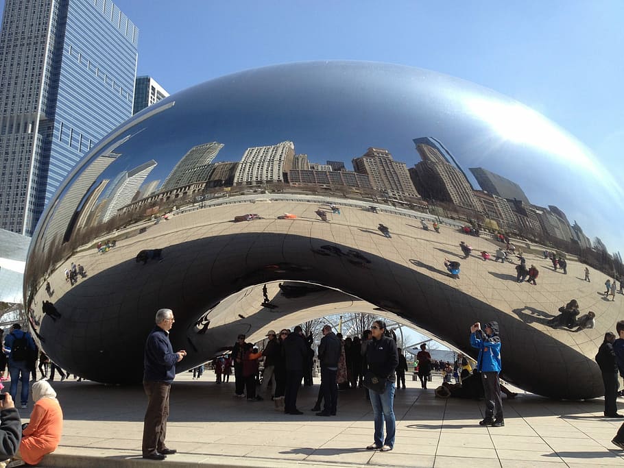 Bean, Millennium Park, Chicago, the bean, springtime, air vehicle, airport, airplane, large group of people, sky
