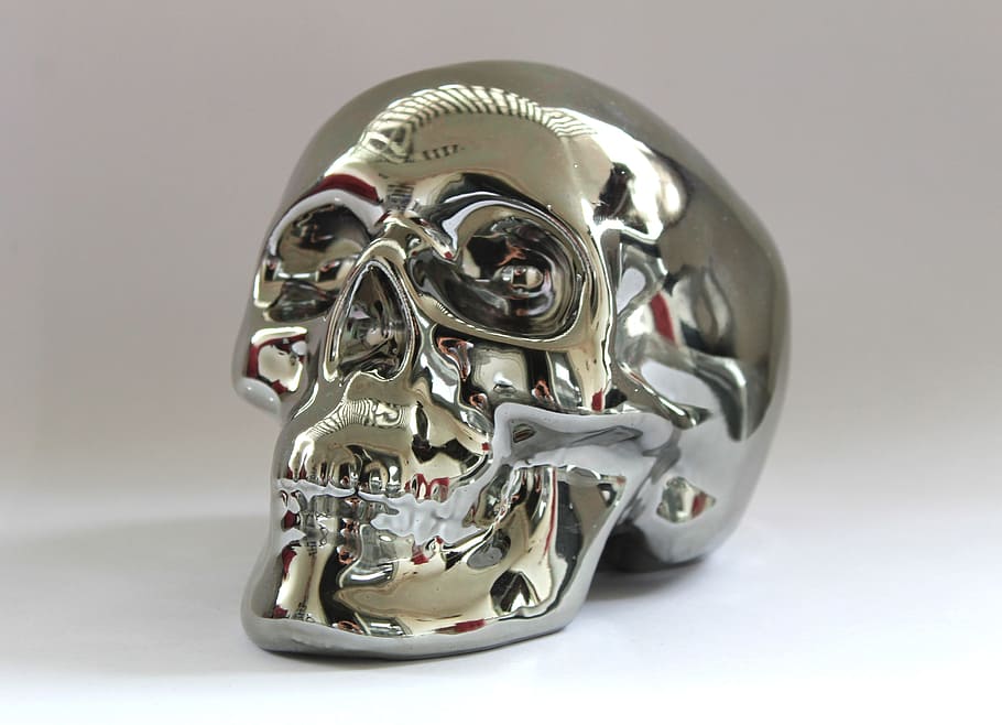 silver-colored skull accessory, white, surface, Skull And Crossbones, Metal, silver, figure, chrome, metallic, jewellery
