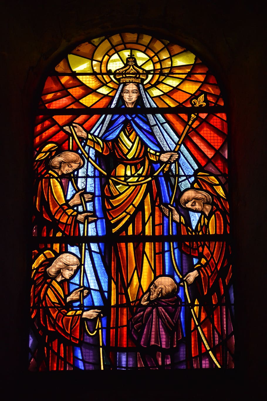 stained glass, colorful, light, window, church, virgin, mary, angels, four, cord
