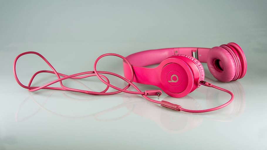 rosa, batidas, fones de ouvido, ouvir música, cabo, equipamento, plástico, vermelho, tecnologia, som