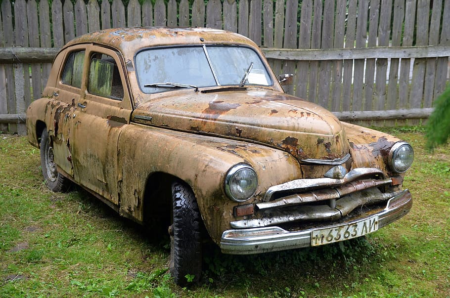 classic yellow coupe, old, soviet, car, russian, ussr, vintage, rust, gaz, mode of transportation