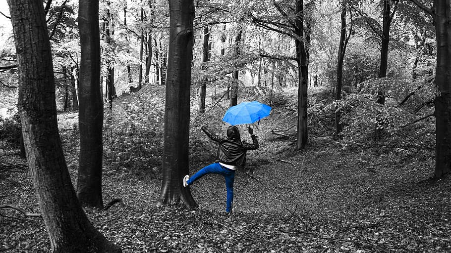 selective, color photography, person, holding, umbrella, dancing, rain, dance, music, woman