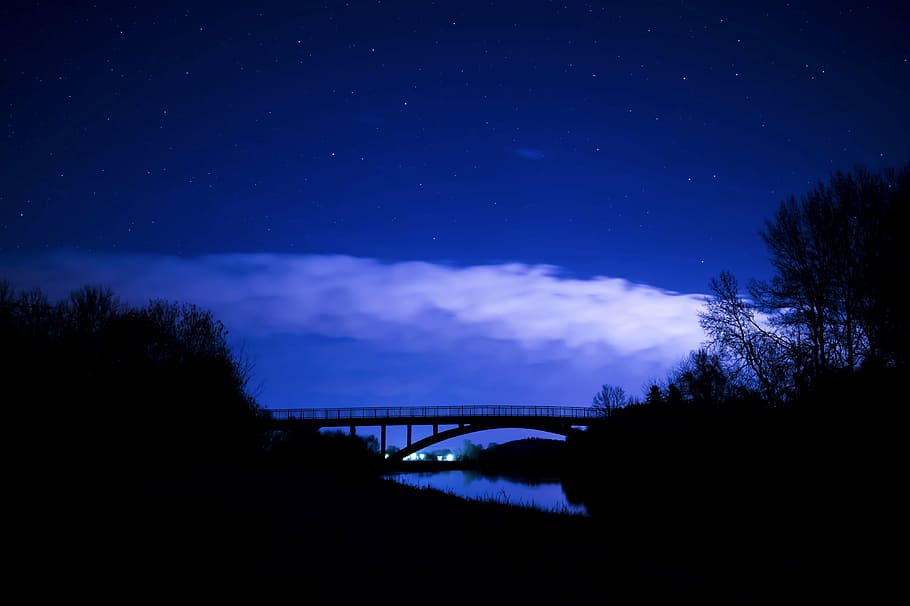 bridge during nighttime, starry sky, night photograph, night sky, cloud front, night, sky, darkness, astronomy, mood