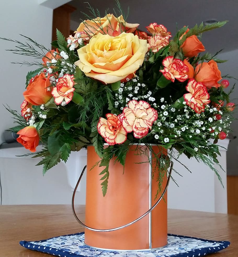 bouquet, orange, yellow, petaled flowers, bucket, flowers, roses, centerpiece, pink, romantic