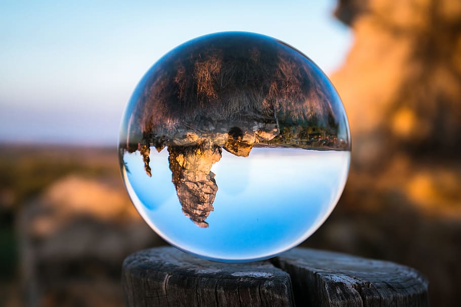 round, clear, glass globe, glass ball, devil's wall, königstein, resin, globe image, rock, hike