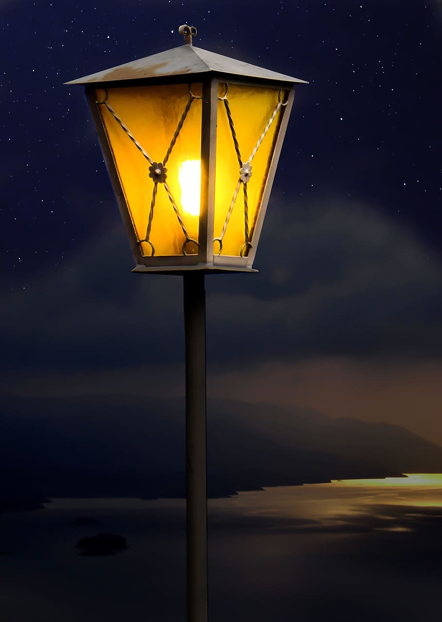 turn, gray, metal frame pedestal lantern, lantern, lamp, light, lighting, street lamp, night, historic street lighting
