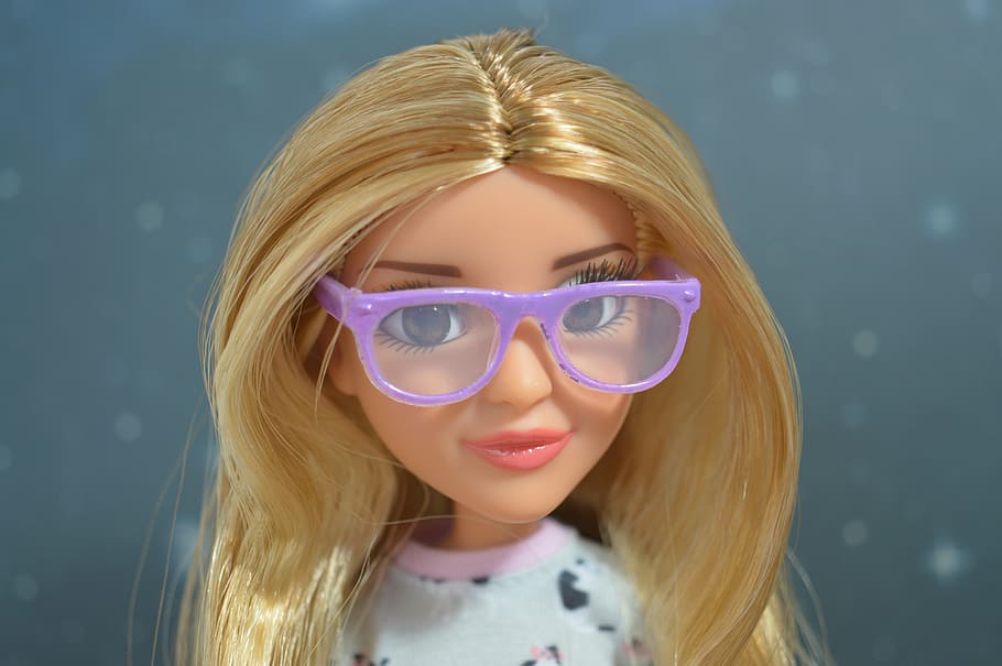 girl, blonde, hair doll, wearing, eyeglasses, doll, face, glasses, female, portrait