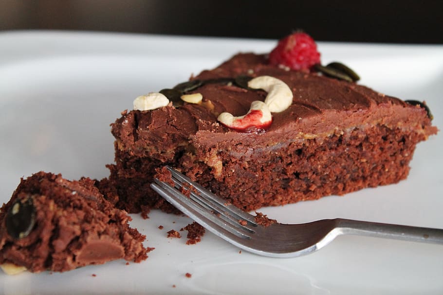 sliced, chocolate cake, plate, fork, Chocolate, Vegan, Cake, Sweet, Sweetness, food