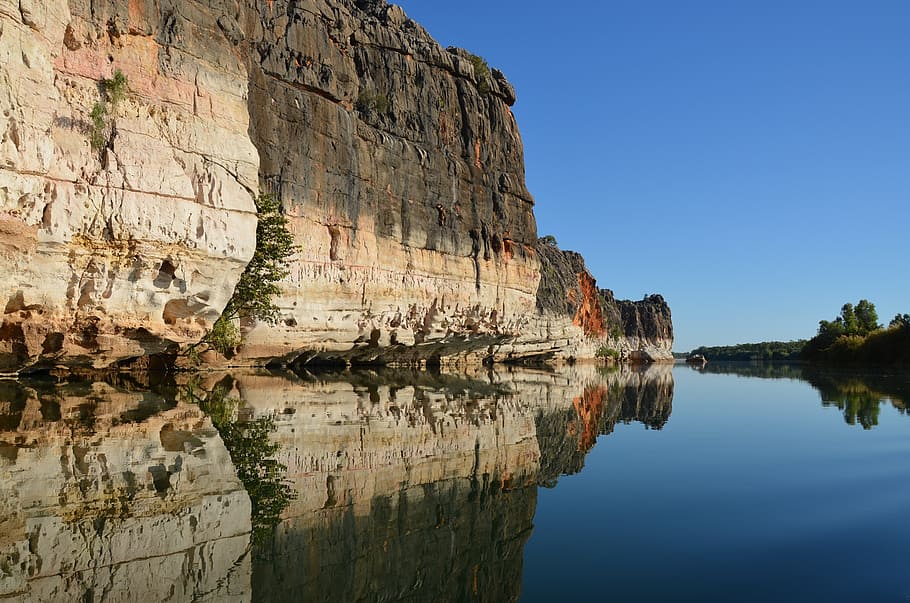 cliff, reflection, river, landscape, scenic, rock, sunset, geikie gorge, fitzroy crossing, kimberley