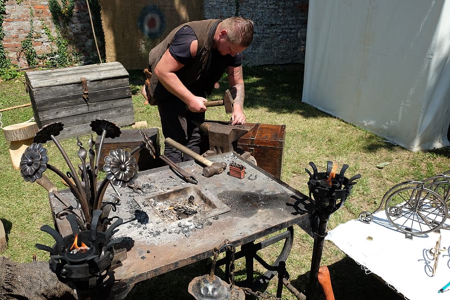blacksmith, craft, middle ages, hammer, metal, art, men, real people, work tool, working
