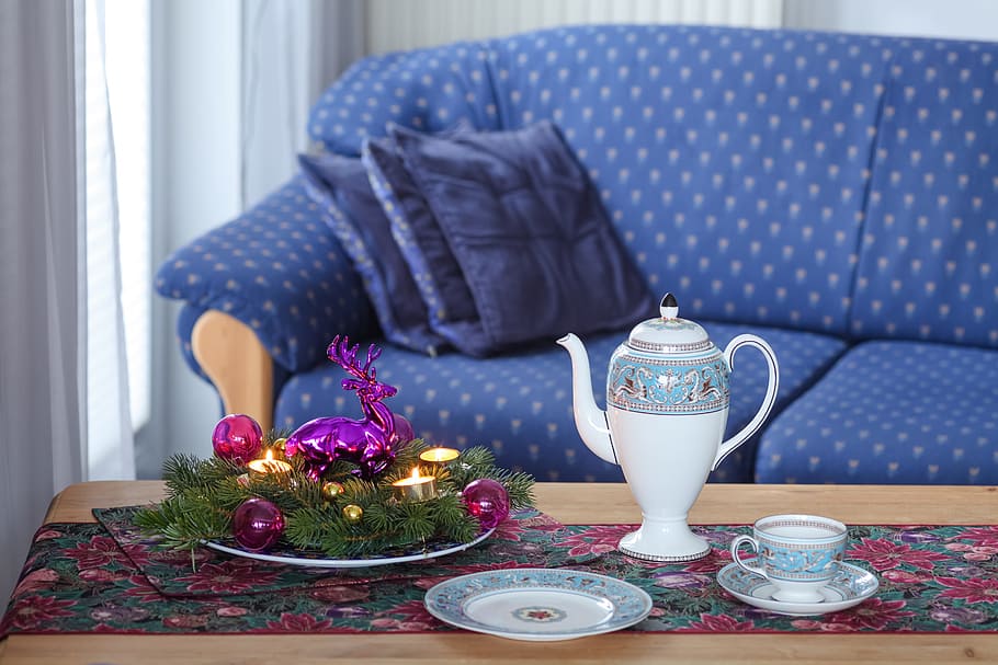 white-and-blue, floral, tea, set, brown, wooden, coffee table, sofa, advent, candle