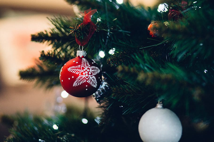 fotografía de enfoque, rojo, adorno de navidad, colgante, árbol de navidad, adviento, fondo, bola, adorno navideño, borrosa