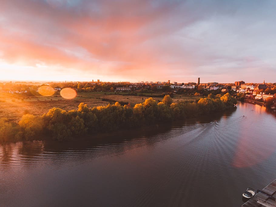 sunset, river, calm, lens, flare, peaceful, water, dusk, aerial, reflection