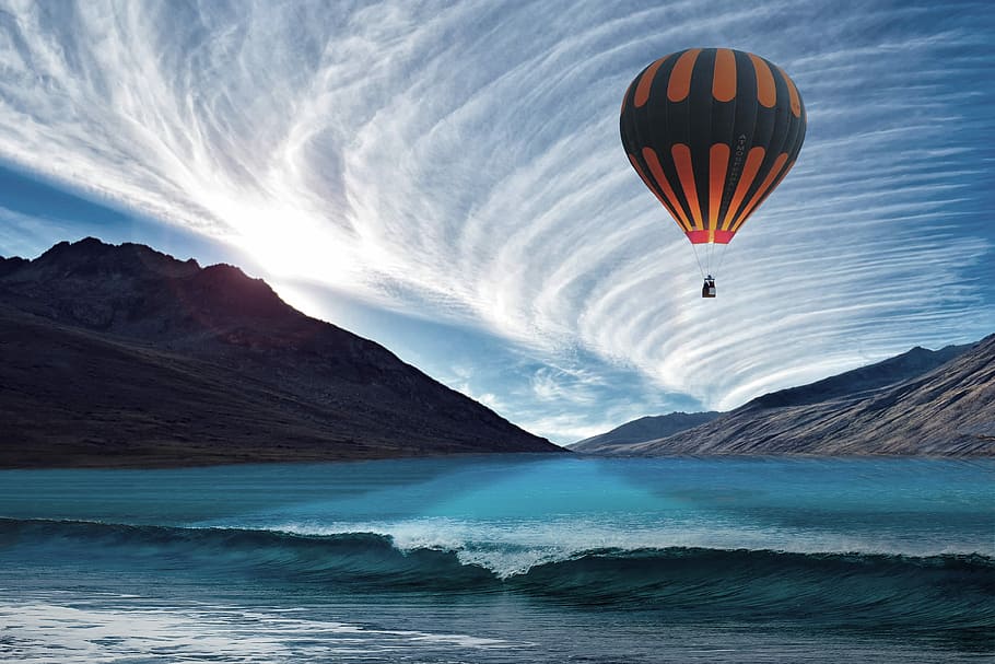 hot, air balloon, blue, sky, daytime, sea, cloud, balloon, wave, tornado