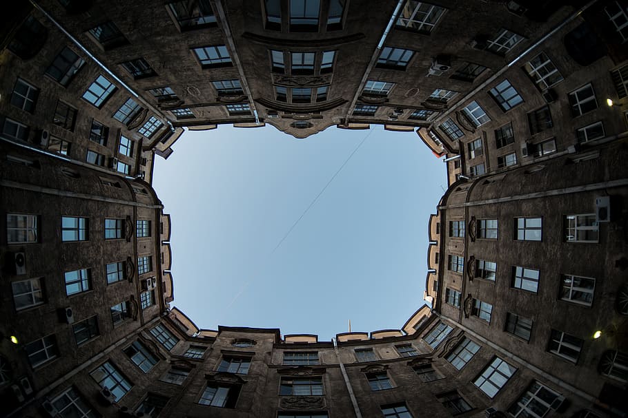 worm, eye-view photo, brown, concrete, buildings, st petersburg, russia, architecture, houses, appartments