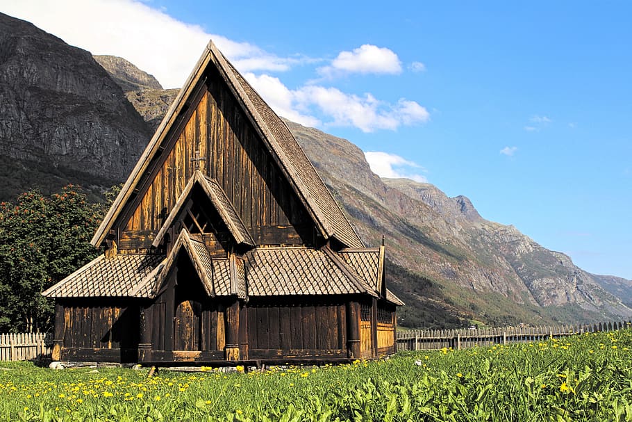 alm, church, stave church, norway, fjord, mountain, woodhouse, built structure, architecture, sky