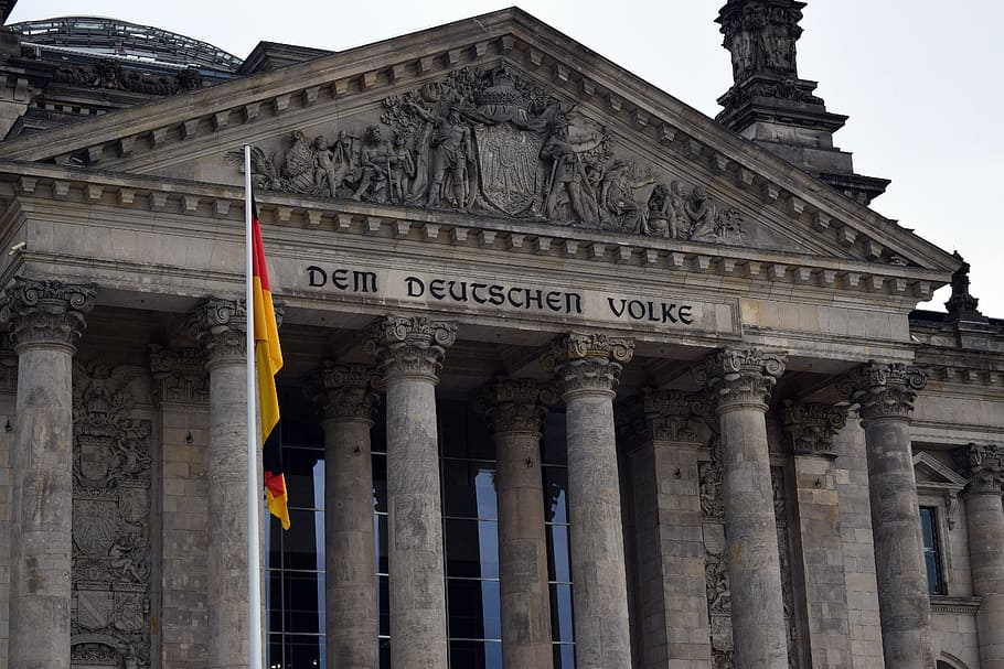reichstag, germany, german parliament, berlin, architecture, dome, facade, flag, pillars, column