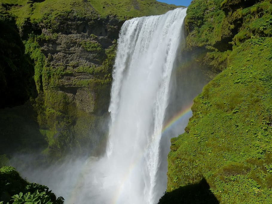 Islandia, Skogafoss, Bílá, enorme, naturaleza, paisaje, impresionante, arcoíris, cascada, movimiento