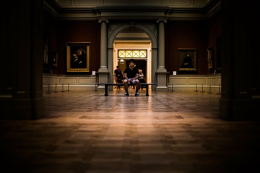 man, sitting, chair, inside, building, people, alone, museum, establishment, painting