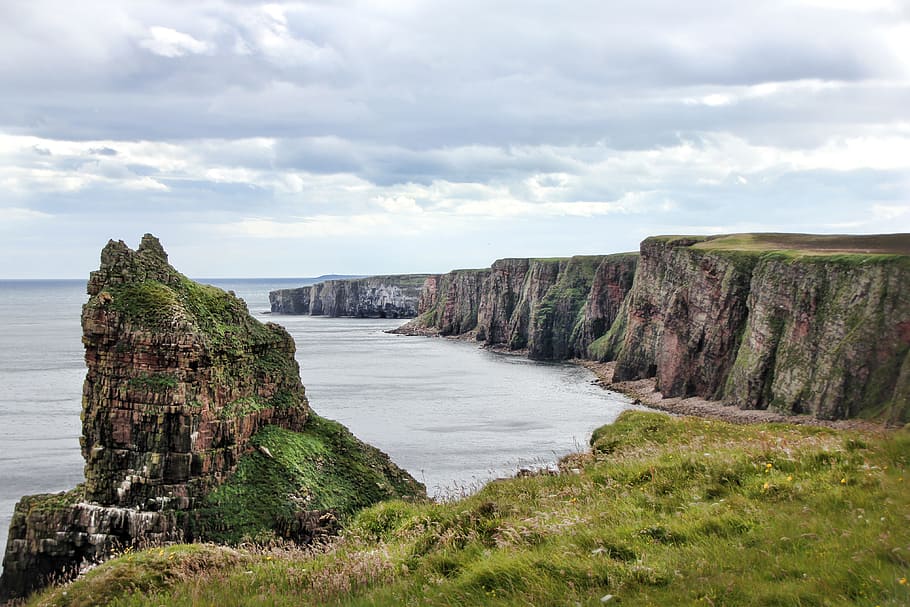 Escocia, costa, acantilados, cabeza de duncansby, mar, paisaje, roca, nubes, playa, atmosférico
