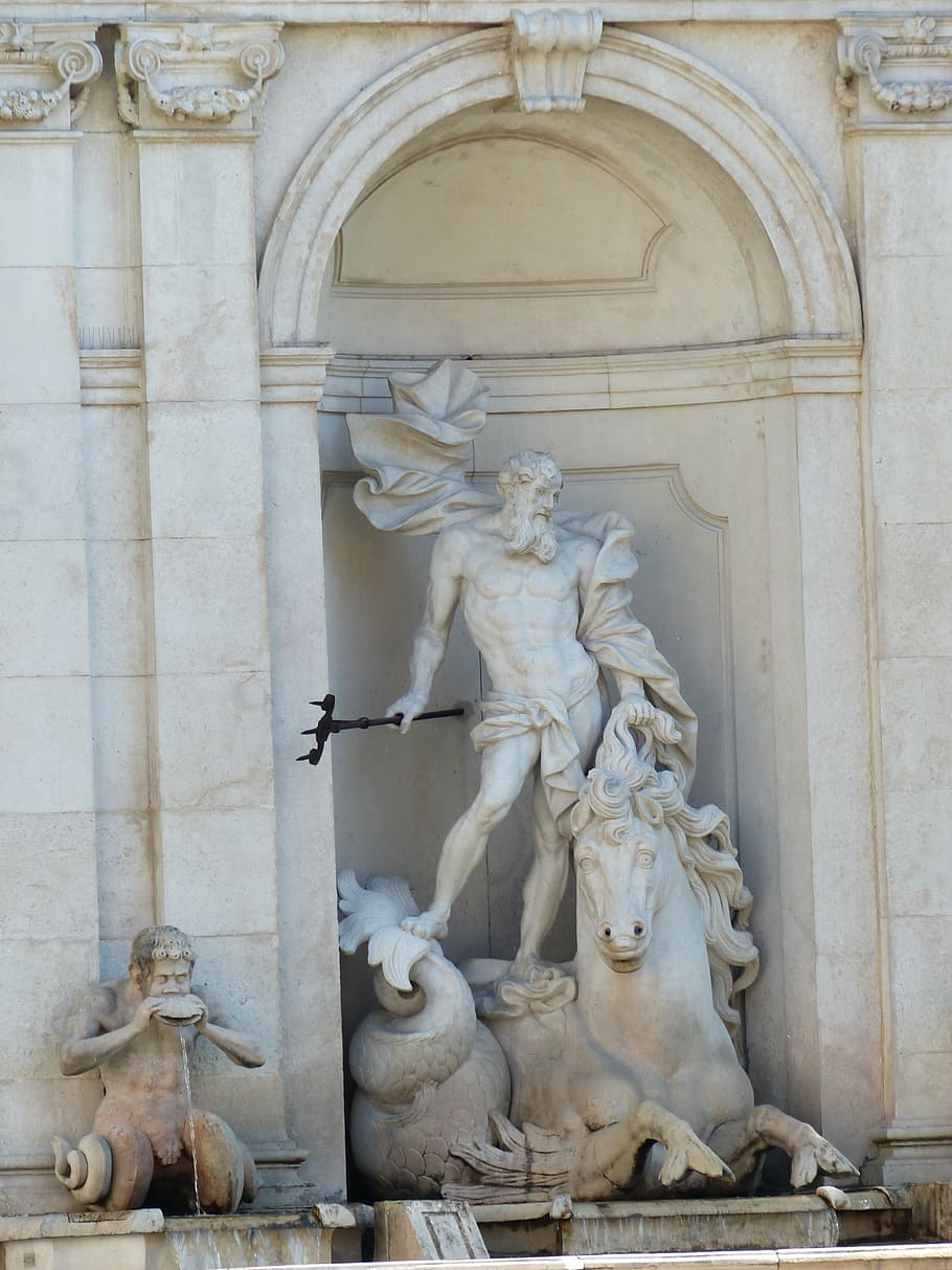 arched niche, monumental, sculpture, sea god, neptune, trident, crown, triton, spewing water, fountain