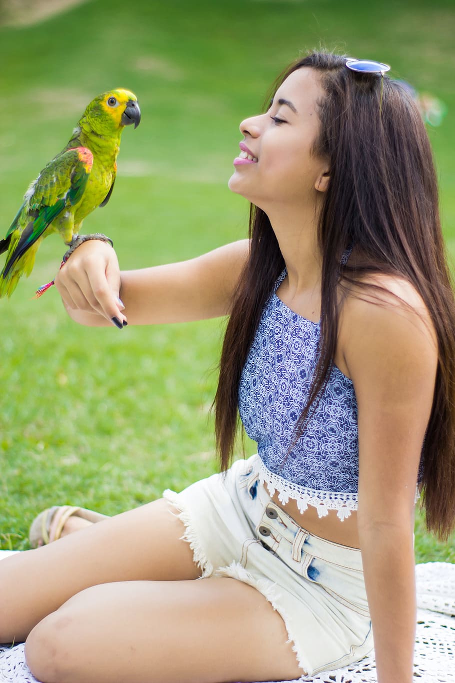 green, yellow, parrot, woman hand, girl, animal, joke, colorful, kite, happy