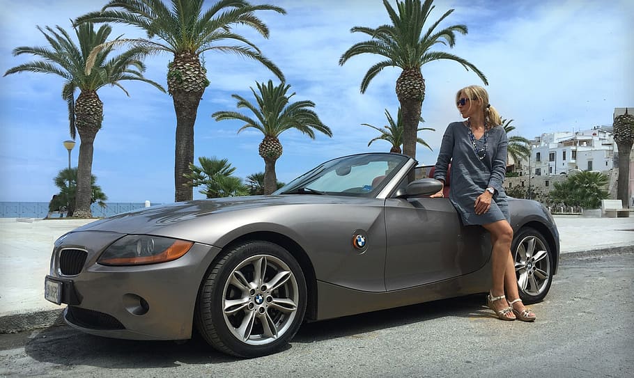 woman, gray, long-sleeved, dress, bmw, convertible, coupe, daytime, female, beach