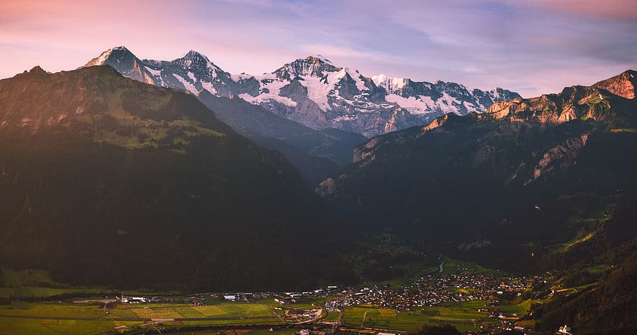 sunrise, interlaken, alpine, switzerland, eiger, monk, virgin, mountains, landscape, nature