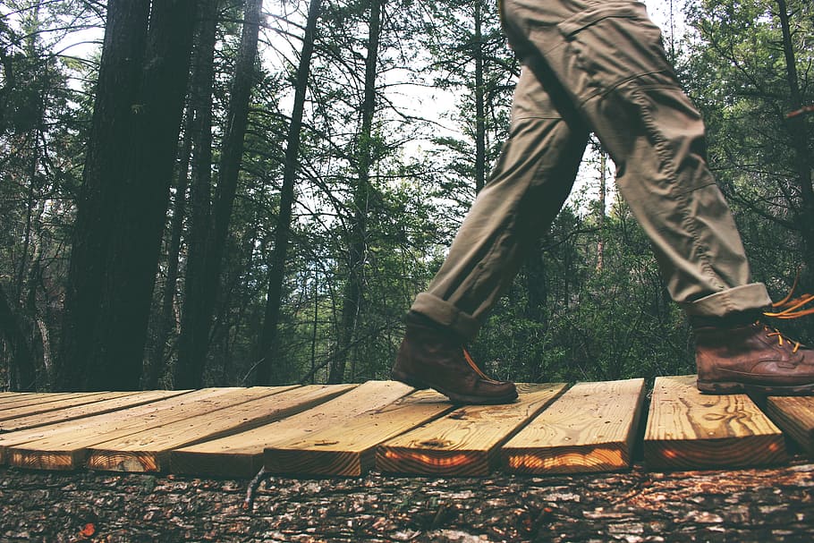 person, walking, brown, wooden, floor, man, pants, shoes, boots, wood
