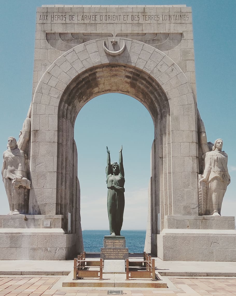 estatua, escultura, monumento, puerta, arco, punto de referencia, viaje, costa, mar, océano