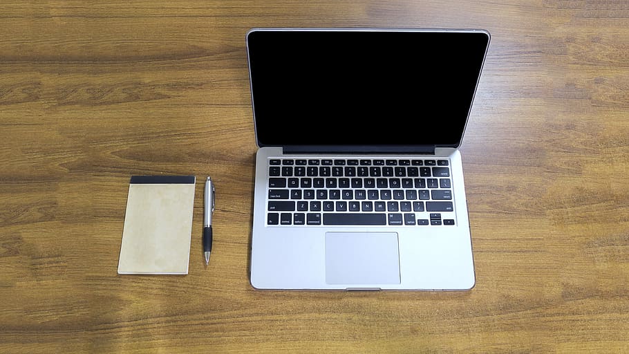 macbook, pro, white, pad, silver click pen, top, brown, wooden, table, macbook pro