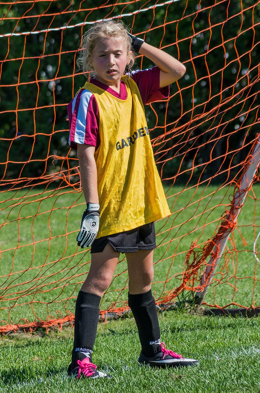 woman, wearing, soccer jersey, goalie, soccer, summer, sport, one person, one girl only, front view