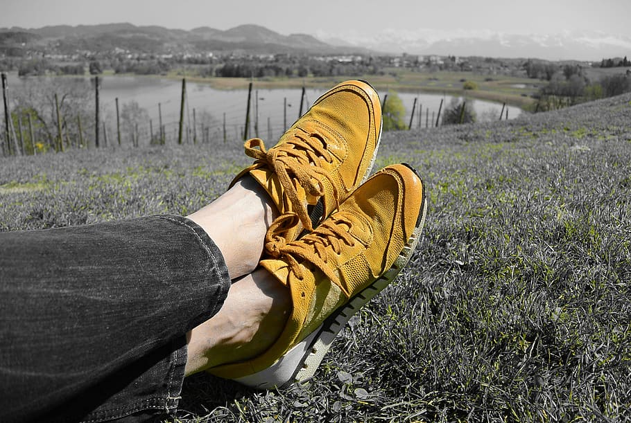 sneakers, relaxation, shoes, sports shoes, yellow, landscape, hiking, run, go, nature
