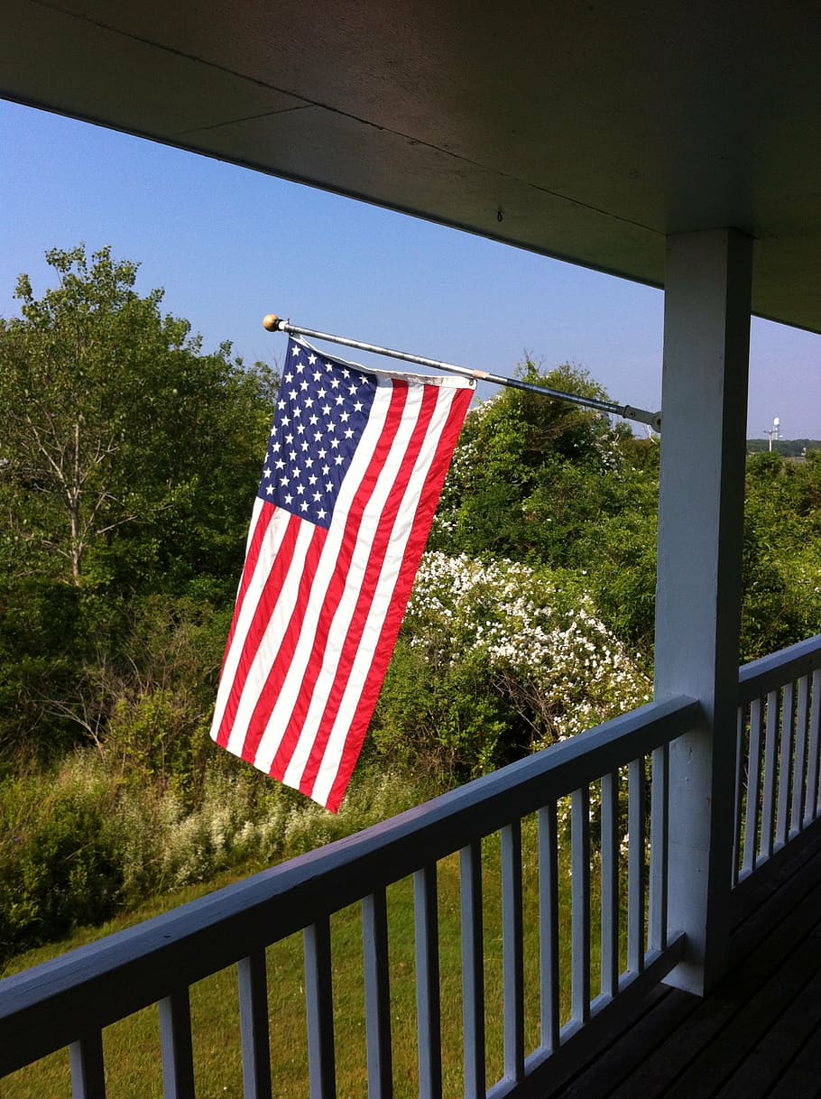 bandera, porche, americano, patriótico, porche delantero, independencia, 4 de julio, frente, exterior, patriotismo